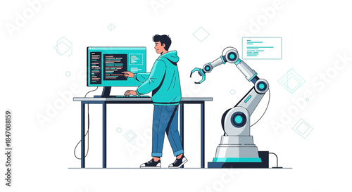 Man coding robotic arm automation, integrating human expertise with artificial intelligence