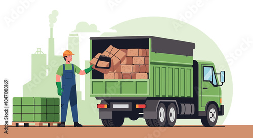 Man in work clothes loading a green truck with pallet goods in an industrial setting illustration