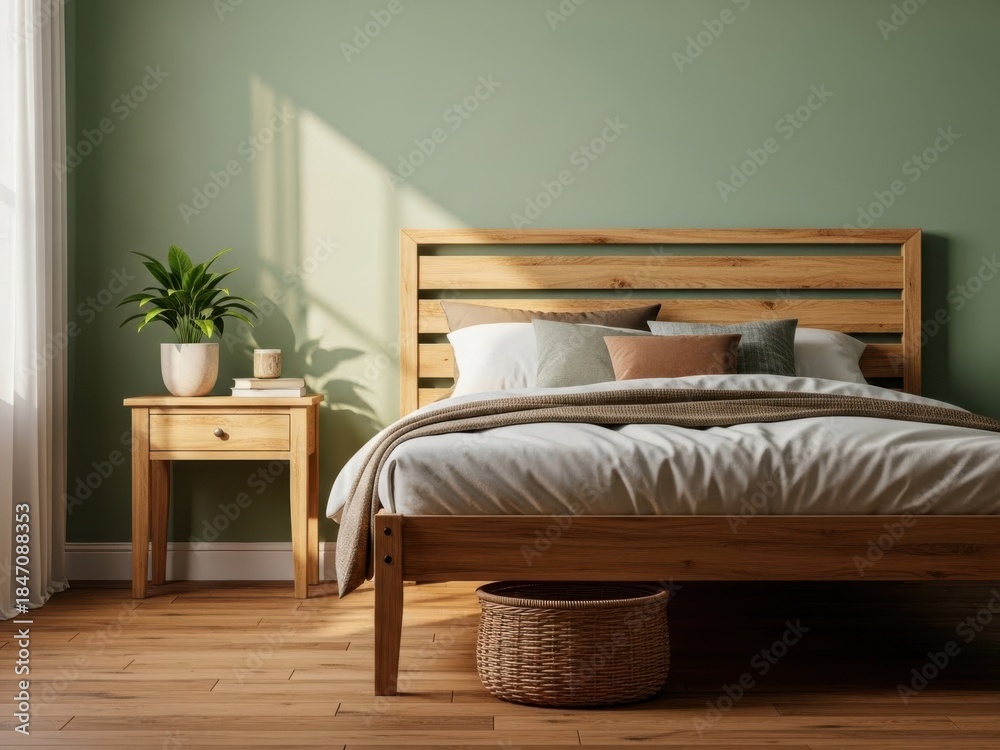 Fototapeta premium Serene bedroom with wooden bed and nightstand and plant on green wall