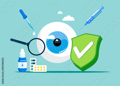 Good with the pupil of the eye. Eye with green check mark. Ophthalmological treatment. Eye care and sight diagnostic testing. Modern vector illustration in flat style