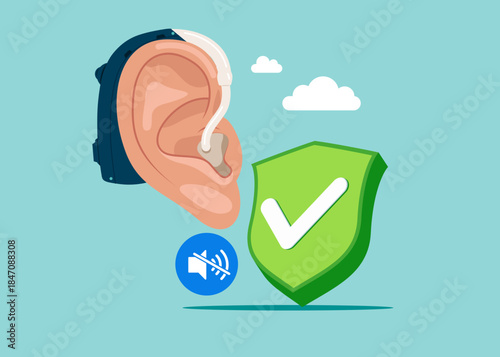 Human ear with green shield check mark. Good hearing aid, good settings, comfortable hearing. Flat vector illustration