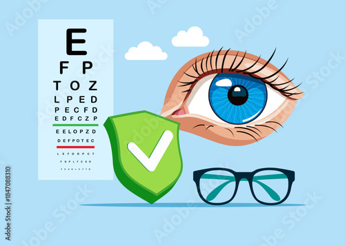 Good eye. Eye with with green shield check mark. Ophthalmological treatment. Eye care and sight diagnostic testing. Modern vector illustration in flat style