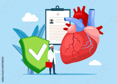 Good human heart with green shield check mark. Cardiovascular system, cardiology, medical examination topics. Heart disease research. System in normal. Problem. Vector flat illustration