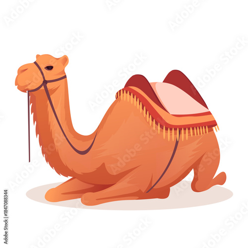 Cartoon-style camel sitting on the ground with a saddle and reins, isolated on white background. Concept of desert transport. Vector illustration