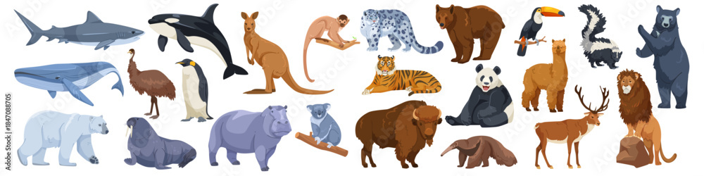 Obraz premium Collection of diverse wild and sea animals in cartoon style on white background. Concept of wildlife, biodiversity, zoology. Vector illustration
