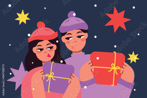 A couple of a guy and a girl wearing hats with gifts in the background of snow and stars. Flirty faces, a kiss. New Year's Eve, holiday concept. Christmas, Valentine's Day, winter holidays poster