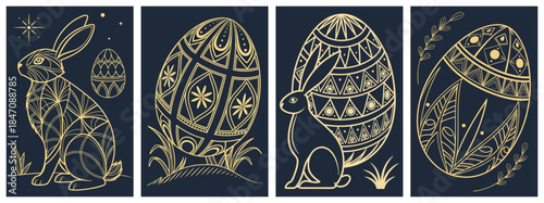Detailed illustrations of rabbit and decorated Easter eggs in gold, a set of images, postcards 