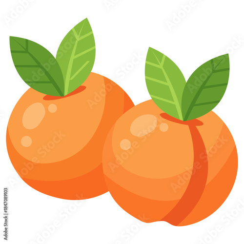 Orchard's Delight Sweet Peaches: a pair of sun-ripened peaches, each bearing a pair of vibrant green leaves, capture the essence of summer harvest and natural sweetness. 