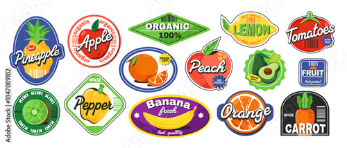Colorful set of fruit and vegetable sticker labels with text like organic, fresh, and best quality in cartoon style on white background. Vector illustration