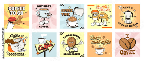 Cartoon coffee cup and bean characters with playful quotes on colorful backgrounds. Vector illustration