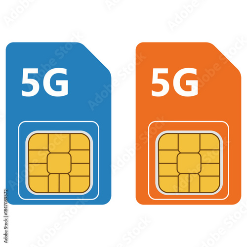 5G SIM Cards Two vividly colored SIM cards stand out, each displaying 5G, symbolizing the forefront of connectivity, ushering in a new era of fast and reliable mobile data.