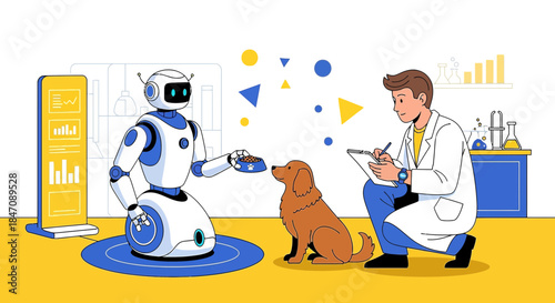 Modern veterinary assistance, collaboration between robot, doctor, and dog patient in laboratory