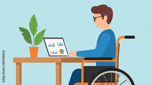 Cartoon illustration of a businessman in a wheelchair working on a laptop at an office desk with a woman colleague sitting nearby