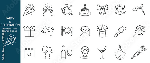 Party and celebration editable stroke outline icons set