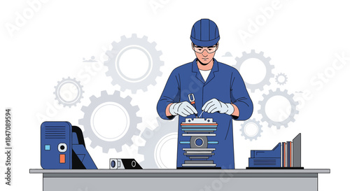 Precision assembly: A mechanic's focus on component fitting amidst symbolic gears showcasing