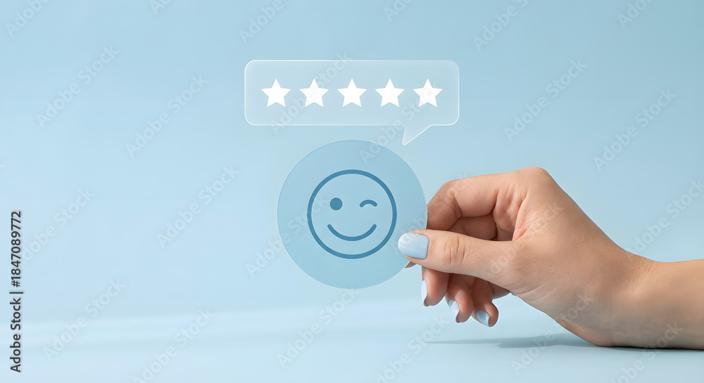 Fototapeta premium Smiley face with five-star rating indicator on a light blue background
