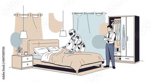 Robot assistance tidying bedroom as business man oversee smart home living concept