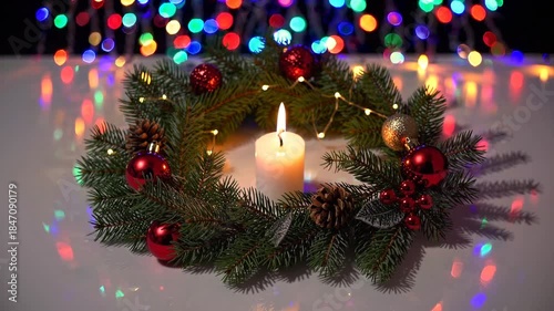 Festive Wreath: A captivating holiday centerpiece adorned with evergreen boughs, twinkling lights, and festive ornaments surrounds a single lit candle, evoking a sense of warmth and celebration.