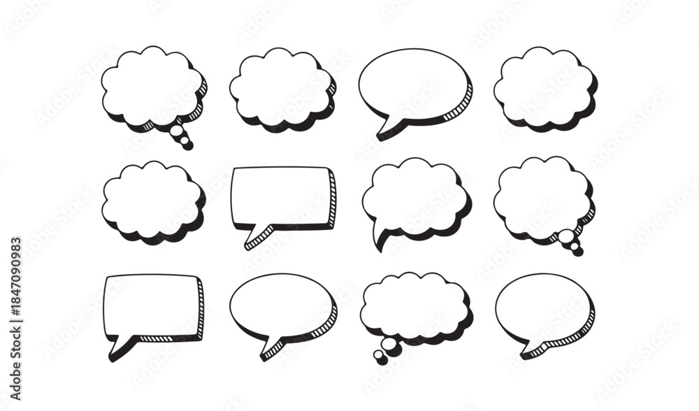 Fototapeta premium Collection of hand-drawn speech and thought bubbles in various shapes and sizes, perfect for comic strips or message design.