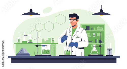Scientist conducting experiments in laboratory with green chemicals and scientific tools