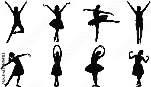 Ballet Dancer Silhouette Flat Vector Illustration Set, Isolated Black and White Collection, Ballerina in Various Poses, Graphic Elements for Dance Studio, Theater, and Performance Design