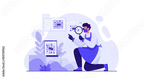 Scientist examines virus under magnification, seeking treatment or cure to benefit humanity