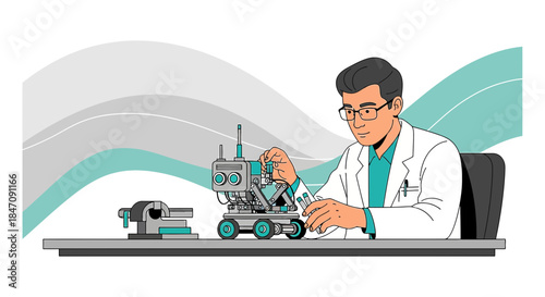 Scientist examining a small robot on a laboratory table in a bright clean environment