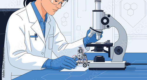 Scientist exploring microscopic world and robot interaction with laboratory equipment in research