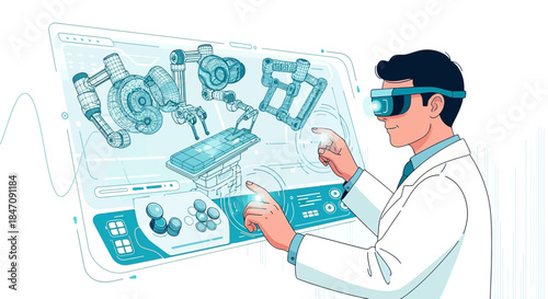 Scientist Exploring Futuristic Industrial Design with Virtual Reality Interface in Lab Coat