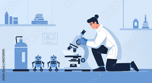 Scientist Exploring Robotics Innovation in Laboratory Setting under Microscope Examination