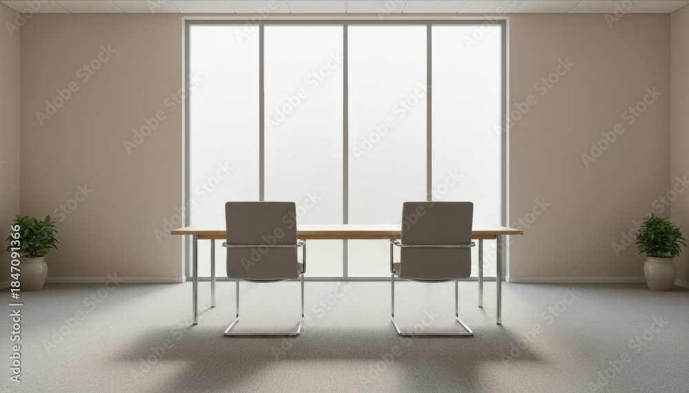 Fototapeta premium Symmetrical office meeting room with long wooden table and two modern chairs facing large window during bright daytime in professional setting