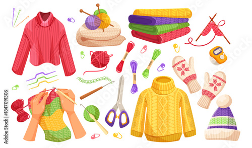 Knitting tools, yarn balls, sweaters, and accessories in colorful cartoon style on white background. Concept of handmade crafts. Vector illustration