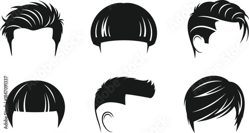 Men's Hairstyle and Haircut Vector Illustration Set, Isolated Black and White Collection, Modern Male Hair Styles and Wigs, Graphic Elements for Barbershop, Beauty Salon, and Fashion Design