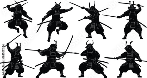 Samurai Warrior Silhouette Flat Vector Illustration Set, Isolated Black and White Collection, Japanese Bushido Fighters with Katana Swords, Graphic Elements for History and Martial Arts Design
