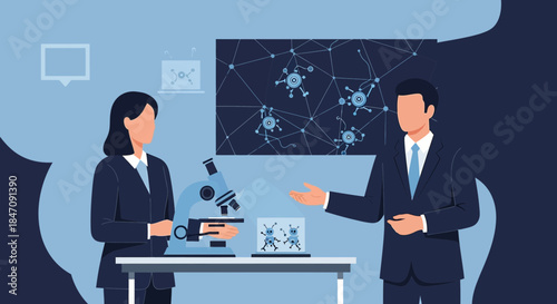 Scientists collaborating on nanotechnology research displayed with stylized visuals and design