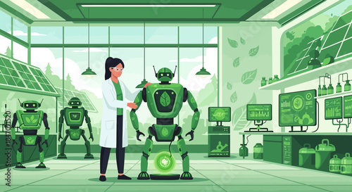 Sustainable automation: Scientist interacting with eco-friendly robots in a green laboratory setting