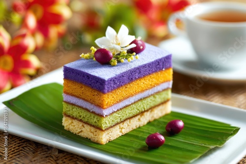 Indonesian kue lapis legit layered cake with vibrant colors and rich texture, beautifully presented on a green leaf with decorative elements and a cup of tea in the background