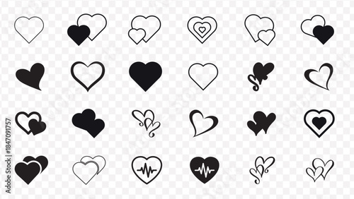 Collection of diverse heart shapes and icons in black and white on transparent background hearts symbol