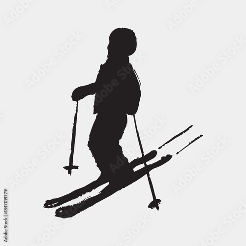 Hand drawn silhouette of skier motion. Alpine winter sport. Vector sketch illustration in vintage crayon charcoal style. Skiing, snow slope