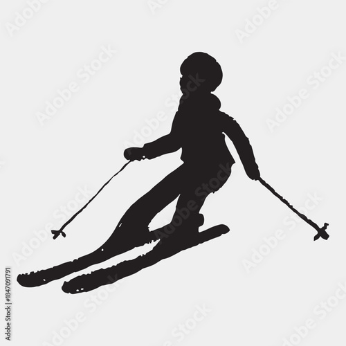 Hand drawn skier with poles downhill. Speed and motion in a minimalist winter sports. Vector sketch illustration in vintage crayon charcoal style