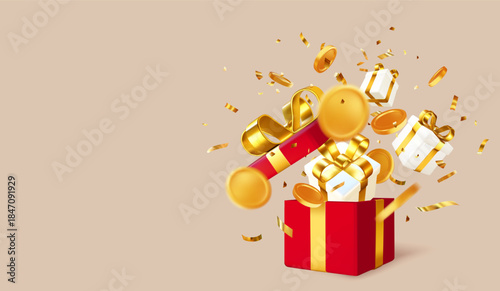 Open red gift box with golden ribbon exploding with coins, confetti, and wrapped gifts in a glossy style on beige background. Celebration concept. Vector illustration