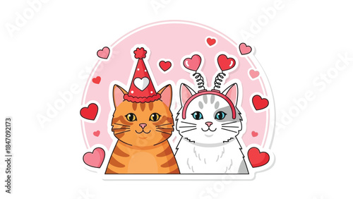 Adorable cats celebrating love with heart decorations and party hat