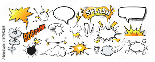 Comic style set of explosions, speech bubbles, clouds and sound effects in colorful cartoon graphics on white background. Vector illustration