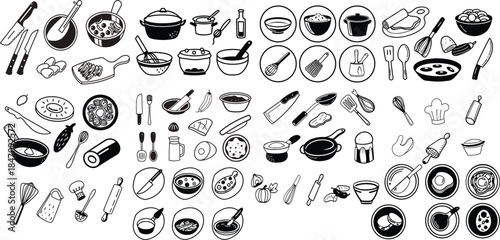 Cooking web icons in line style. Frying pan, fork, knife, recipe book, microwave, collection. Vector illustration.