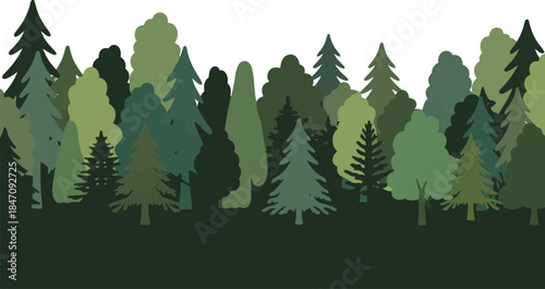 A stylized forest border illustration with various green trees and copy space
