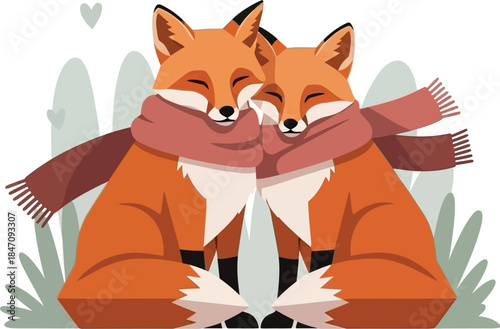 Cute cartoon foxes wearing scarf in winter landscape with heart