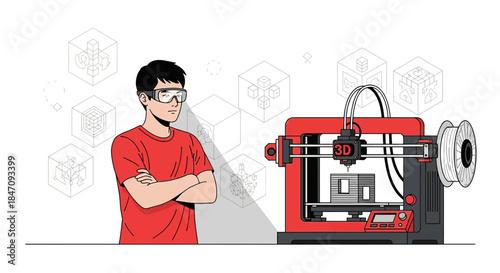 Young creator stands confidently next to his red 3D printer fabricating new designs