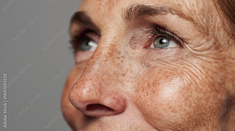 Fototapeta premium Close up macro portrait of an older woman's face, showing natural skin texture with wrinkles, crow's feet, and freckles, a concept of authenticity and graceful aging