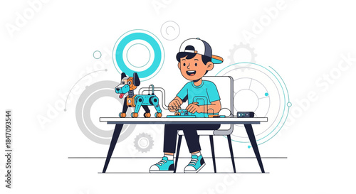 Young inventor building a robot dog with circuitry and creative technical innovation