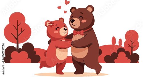Adorable cartoon bears sharing a romantic dance in forest